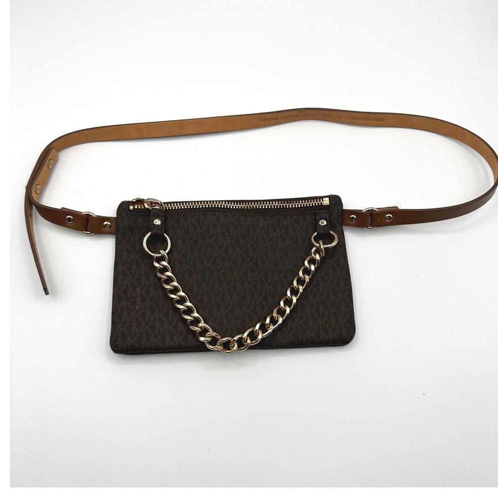 Michael Kors Brown Monogram Gold Chunky Chain Fanny Pack Belt Bag Womens Large